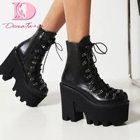 doratasia fashion new arrival female solid square heels round toe boots zip cross tied platform ankle boots women