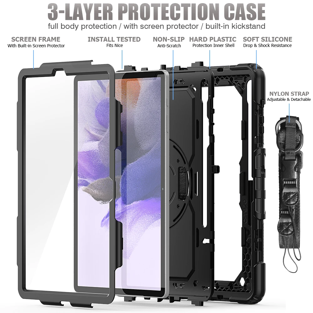 kids case for samsug galaxy tab s7 fe 12 4 sm t730 t736 with s pen holder screen protector 360 degree swivel kickstand cover free global shipping