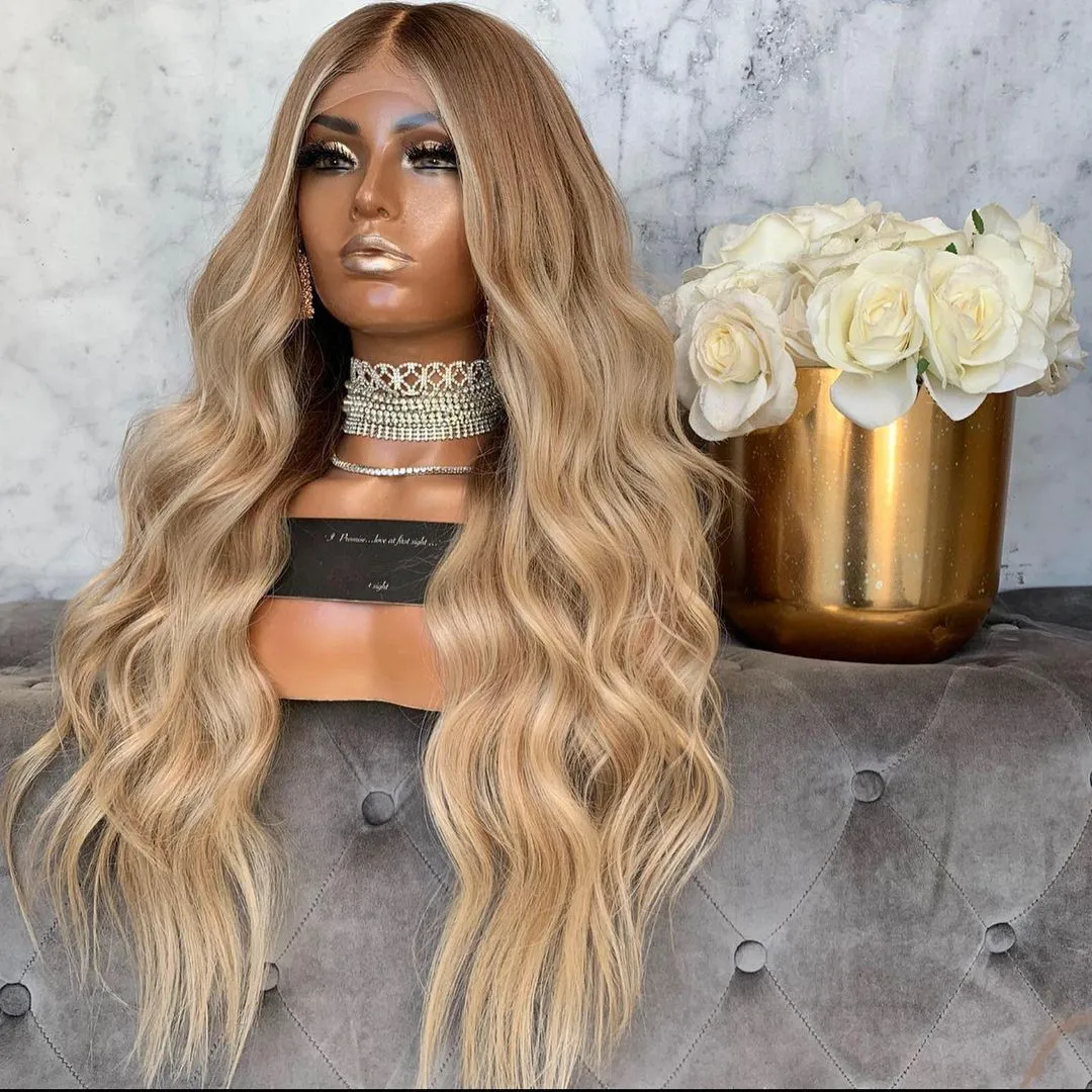 

Ombre Brown Highlights 60# Blonde 13x6 Lace Front Human Hair Thick Density Body Wave Full Lace Pre-Plucked Blonde Wig For Women