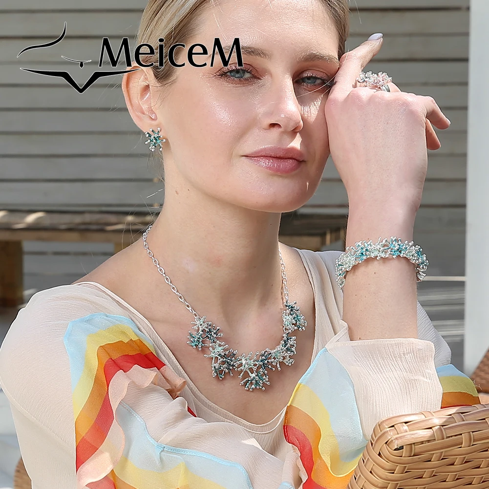 MeiceM 2021 New Arrival Necklace Unique Coral Shape Necklaces for Women Female Trendy Blue Enamel Alloy Choker Women's Fashion