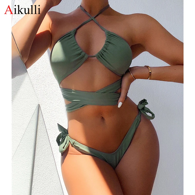 

Sexy Color Back Cross Bikinis Swimsuits Wome Bandage Lace Two-piece Swimwear 2022 Beach Female Bikini Set Push UP Bathing Suits