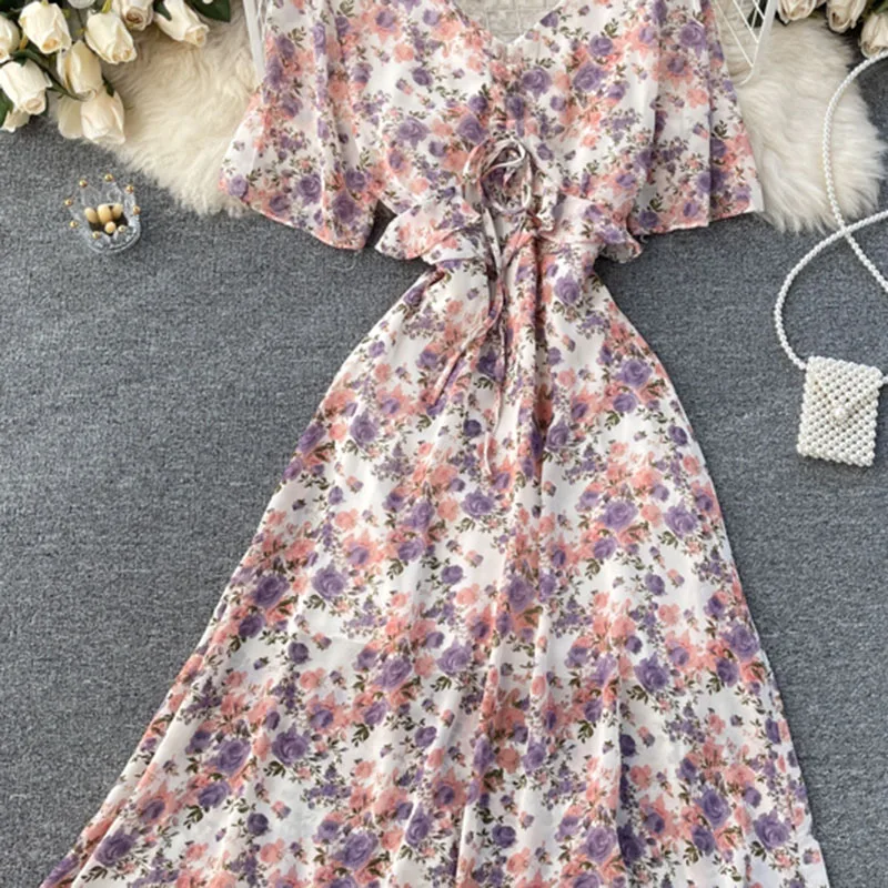 

2021 summer new sweet little fresh dress chiffon print V-neck dress drawstring trumpetsleeve waist slimming dress women