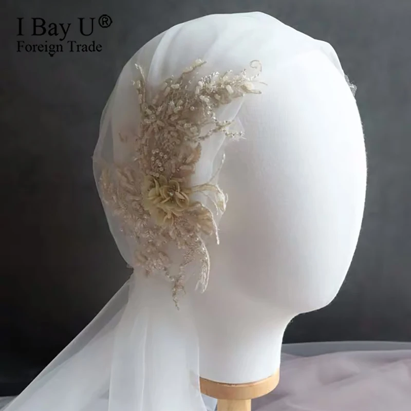 Цвета слоновой кости светло шампанского 3D бисером край короткая свадебная вуаль
