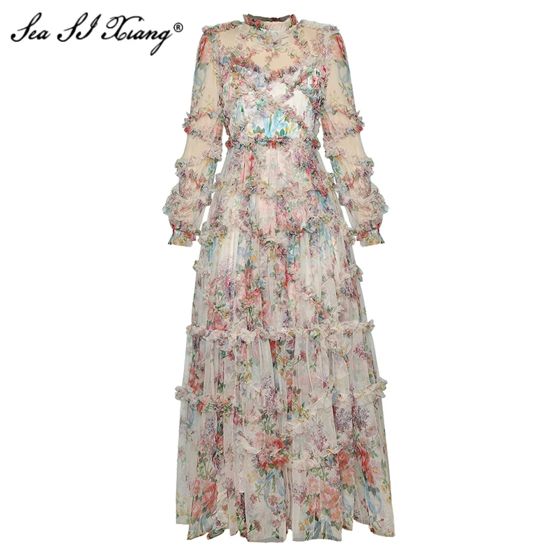 Женское Сетчатое платье Seasixiang весеннее для отпуска с воротником-стойкой