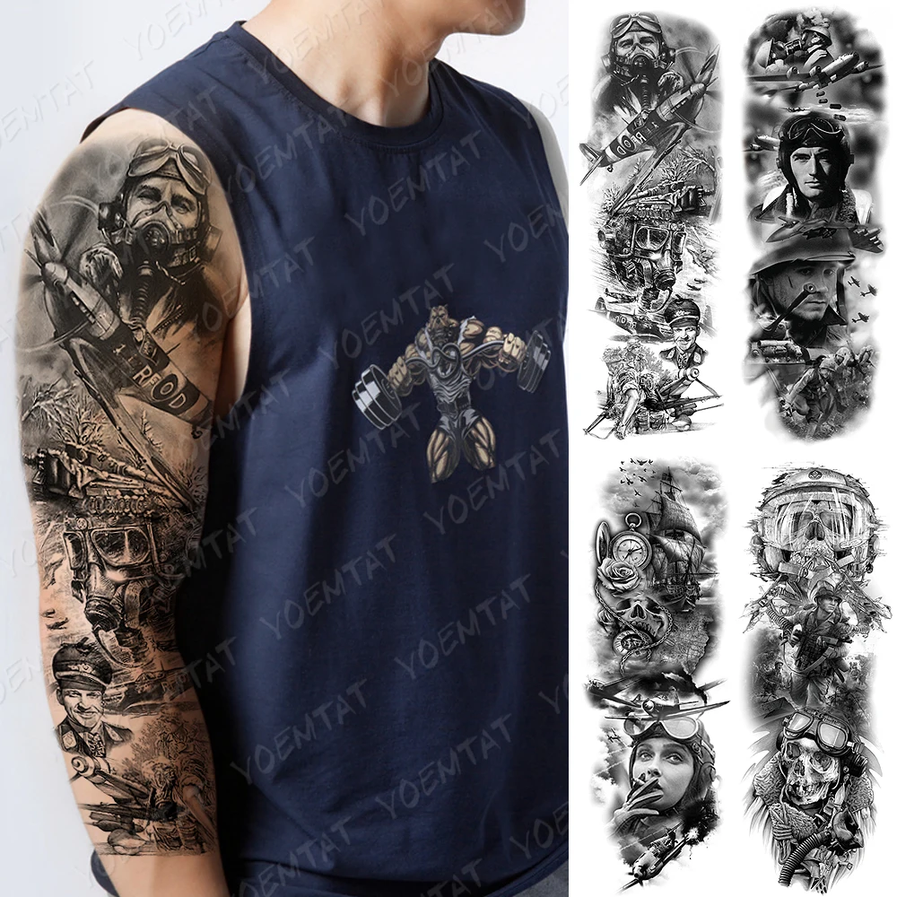 

Large Arm Sleeve Tattoo Airplane Soldier Pilot Waterproof Temporary Tatto Sticker Sailing Compass Body Art Full Fake Tatoo Women
