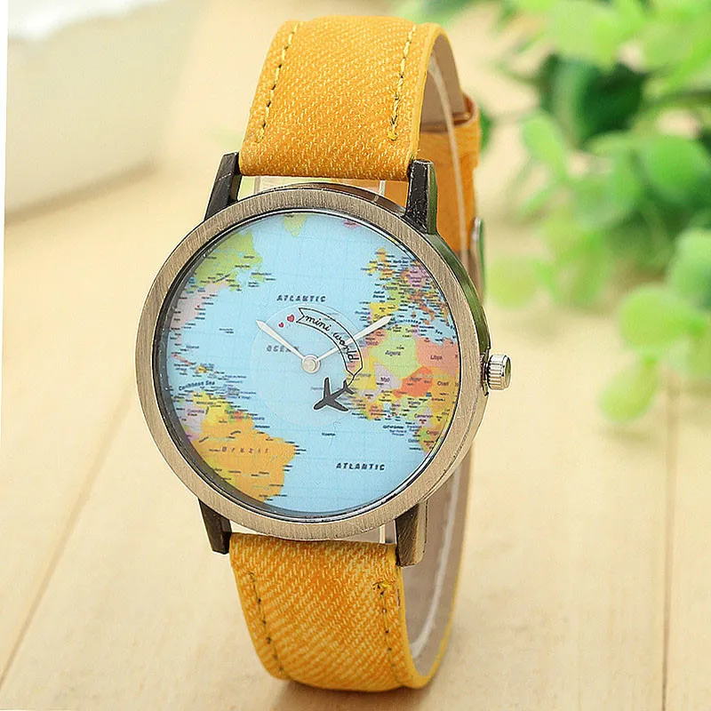 

New Global Travel By Plane Map Women Dress Watch Denim Fabric Band Yellow Personality Creative Gift relojes para mujer
