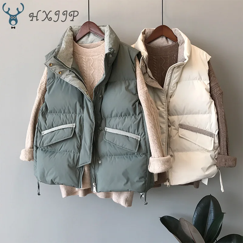 

2021 Winter Jacket New Slim Striped Vertical Collar Lace Thickened Down Cotton waistcoat Women's Vest Coat 3059.
