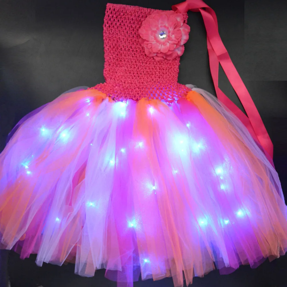 

LED Glowing Light Kids Girls Rainbow Dress Princess Suspender Tutu Dresses Ball Gown Children Clothing Wedding Party Dress