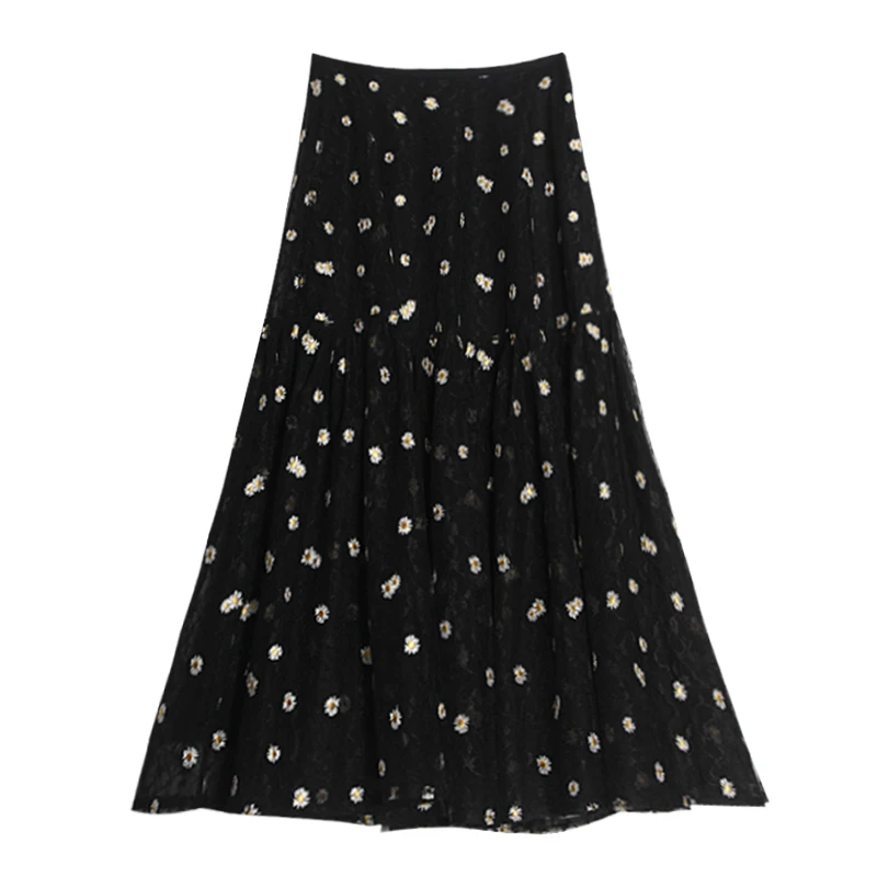 

LANMREM High Waisted Skirt for Women Daisy Print Decor Polyester Mid Length Mesh Skirts Embroidered 2021 autumn winter 2D1325