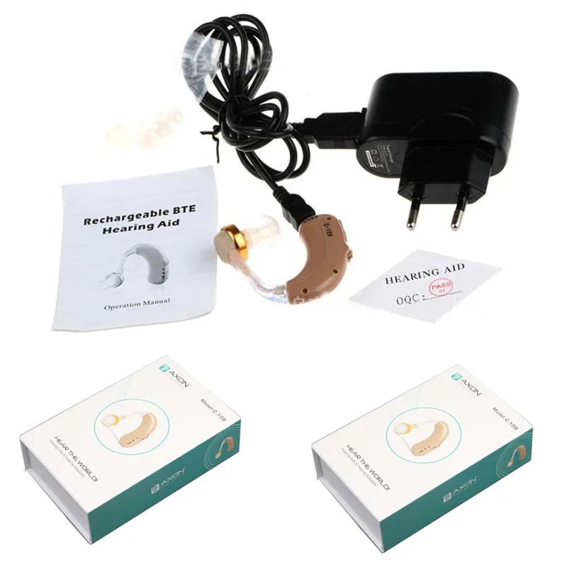 

Lot 2PCS AXON C-109 Rechargeable Earhook Behind Ear BTE Hearing Aid Aids Analogue Invisible Sound Voice Amplifier Device C109