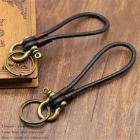 lanyard leather keychain retro tied wire round chain straps metal hook horseshoe buckle handmade cowhide mobile phone lanyard