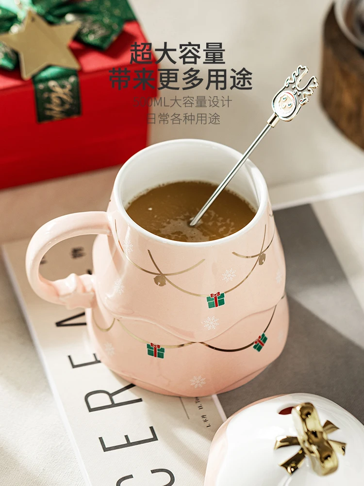 Taza con tapa, cuchara, taza de agua de cer&aacute;mica de gran capacidad para mujer, regalo de Navidad para el hogar, taza para pareja-3