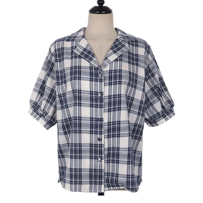 New Plaid Shirt female Casual Blue Tops Women Short sleeve Linen Cotton Summer Girls Blouse Plus Size Blouses femme Blusas | Женская
