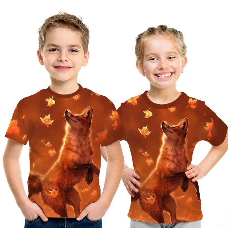 

2021 new fashion 3D-printed Wolf pattern T-shirt summer short sleeve O collar T-shirt baby boys and kids casual cartoon top girl