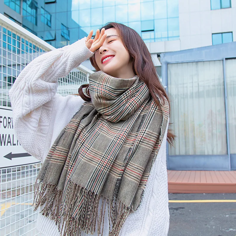 

Женский Теплый клетчатый шарф средней длины, модная теплая шаль из искусственного кашемира с бахромой, корейский стиль, Осень-зима 2022