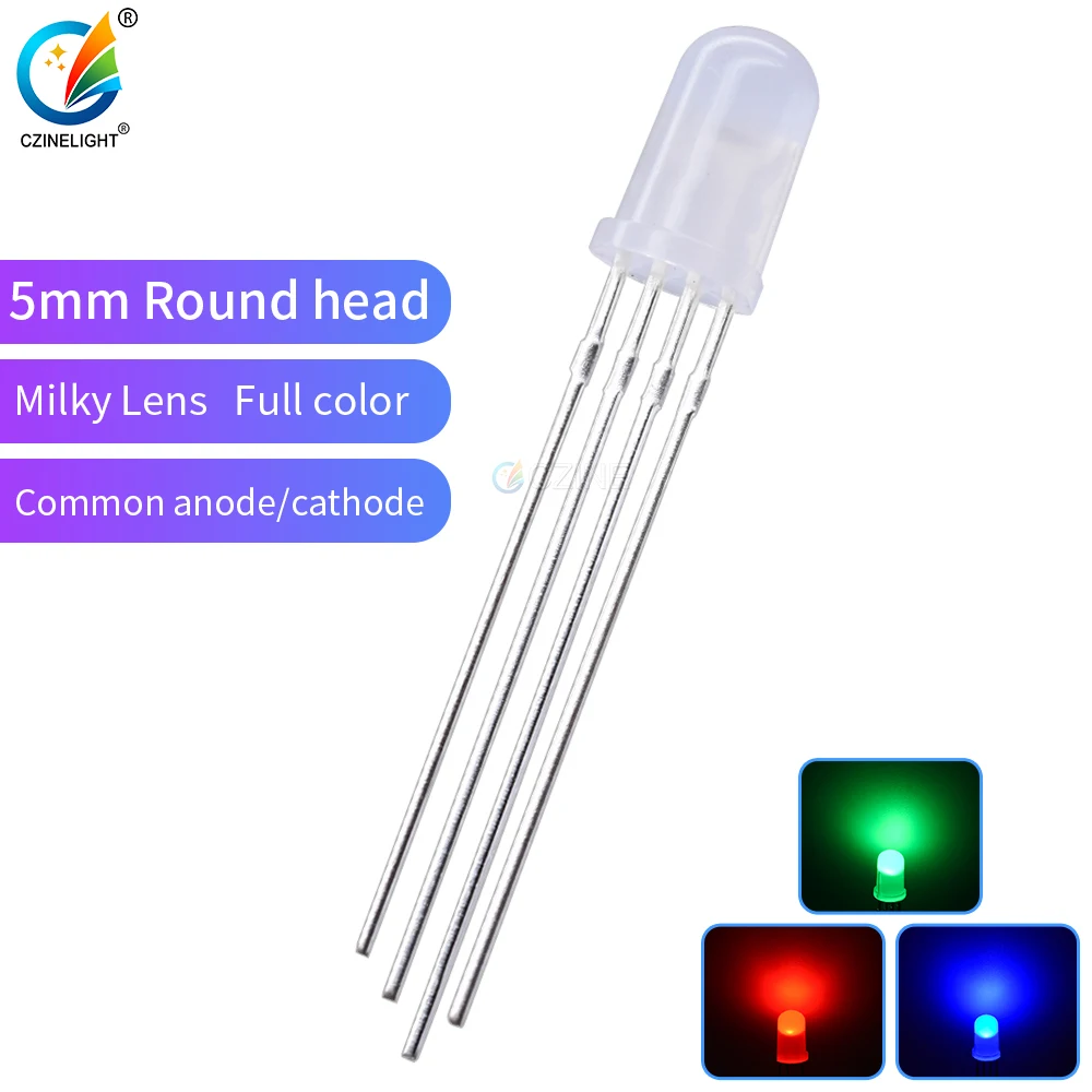 1000pcs/bag Czinelight High Bright Common Anode Cathode 4pin Lamp Beads Milky Lens 5mm Led Diode Full Color Rgb Emitting