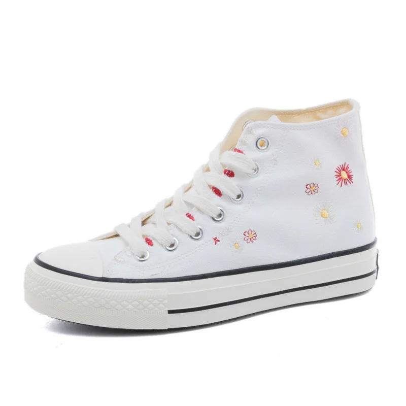 

Girl Shoes Canvas Gumshoes Floral Daisy Embroidery High Top Woman Casual Shoes 2020 New Stylish Chic Sneakers Solid Color 35-40