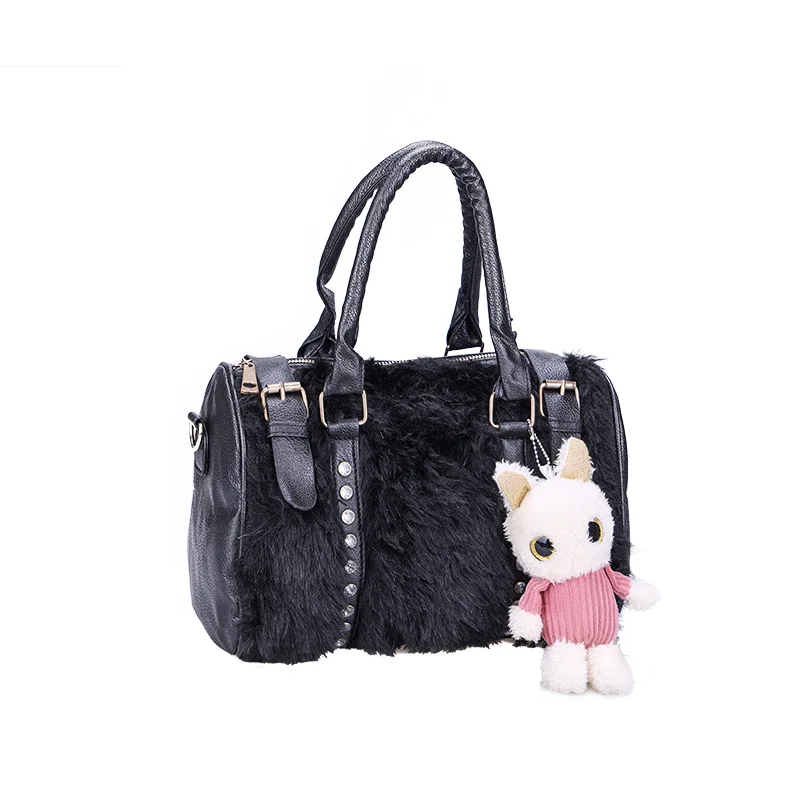 

Fashion Women Top Handle Bag Winter Black Soft Leather Faux Fur Anti Theft Chain Shoulder Crossbody Bag Plush Pendant Casual Bag