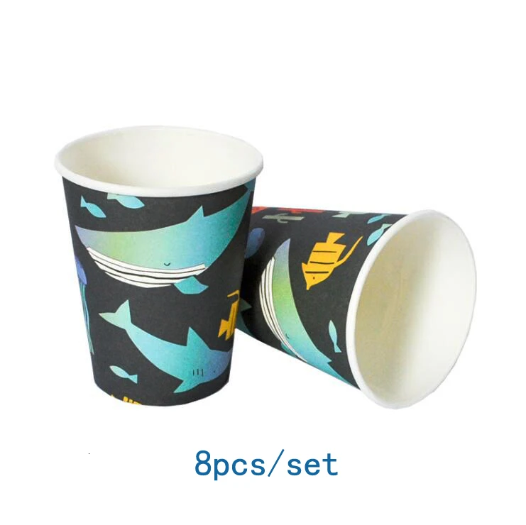 Shark Cup-8pcs 8 шт./компл. Акула одноразовая посуда с графикой из мультиков морская животных бумажные тарелки и стаканы для дня рождения/Baby Shower украшения детский праздничный костюм поставки - Цвет: Shark Cup-8pcs