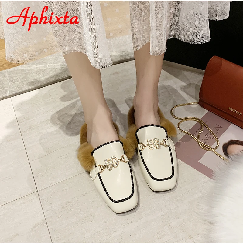 Aphixta/тапочки на Плоском Каблуке; женская обувь; Роскошные шлепанцы на меху со змеиным принтом и металлическими украшениями; женская теплая обувь; Mujer