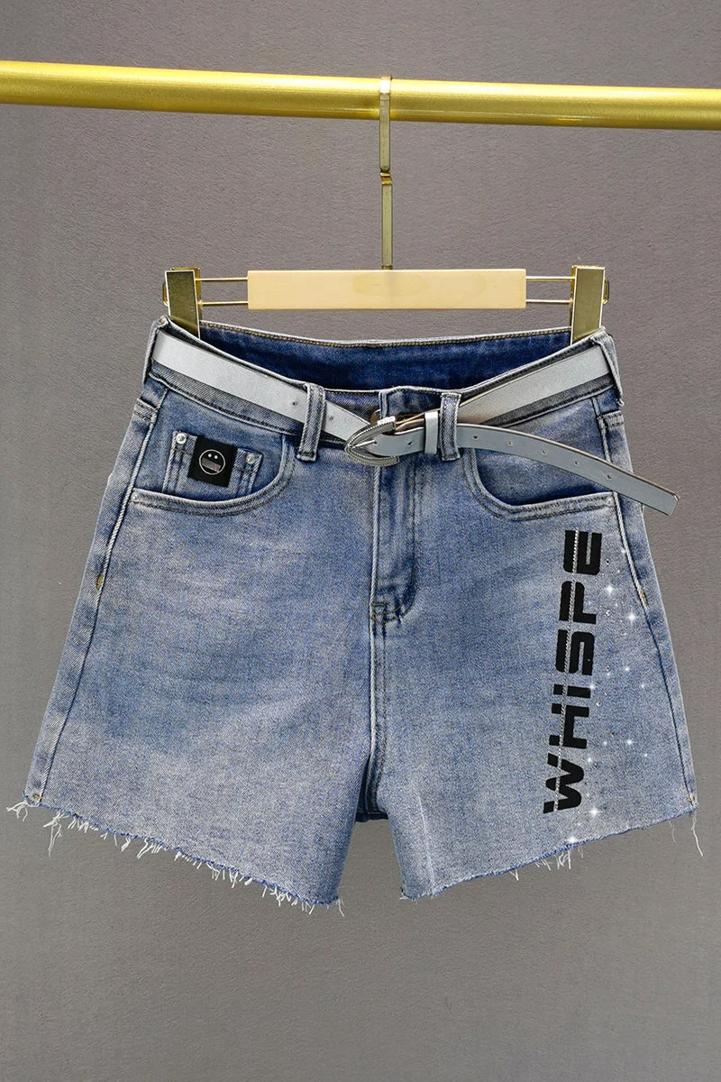 

Blue Cotton Elastic Denim Shorts Women's Fashionable 2021 Summer New High Waist Jeans Slimming Letters Rhinestone Hot Pants