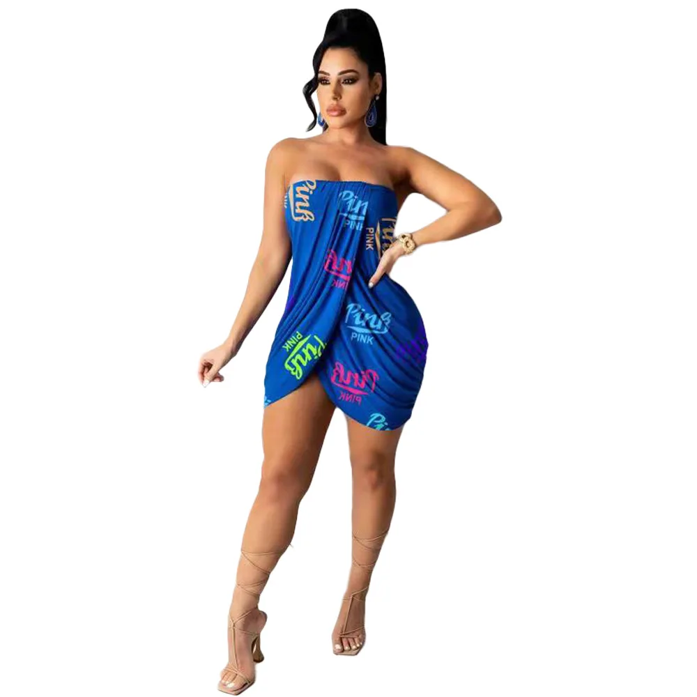 

SSEURAT Women Mini Dress Letter Print Sleeveless Strapless Loose Asymmetrical Dresses Sexy Fashion Vestidos