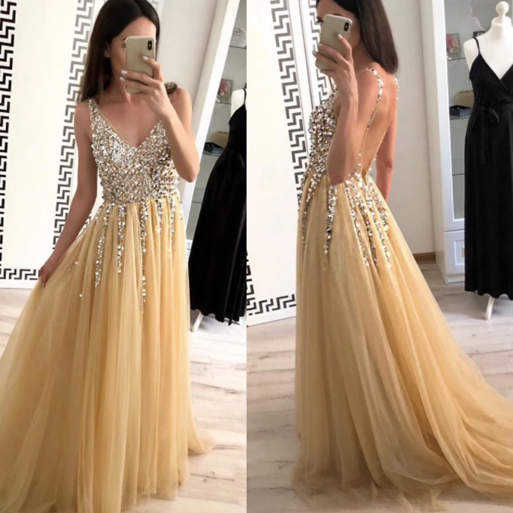 

SuperKimJo Robes De Bal Champagne Sparkly Prom Dresses 2021 Vestidos De Fiesta De Noche Largos Elegantes A Line Cheap Prom Gown