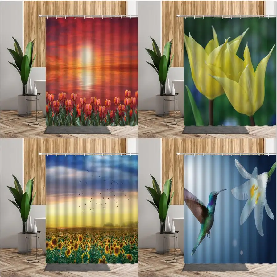 

Весенняя занавеска для душа с цветами, Подсолнухи, тюльпаны, птицы, фиолетовые цветы, набор для ванной комнаты, шторы для домашнего декора, д...
