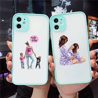 mom and baby phone case for iphone 13 12 11 mini pro xr xs max 7 8 plus x matte transparent blue back cover