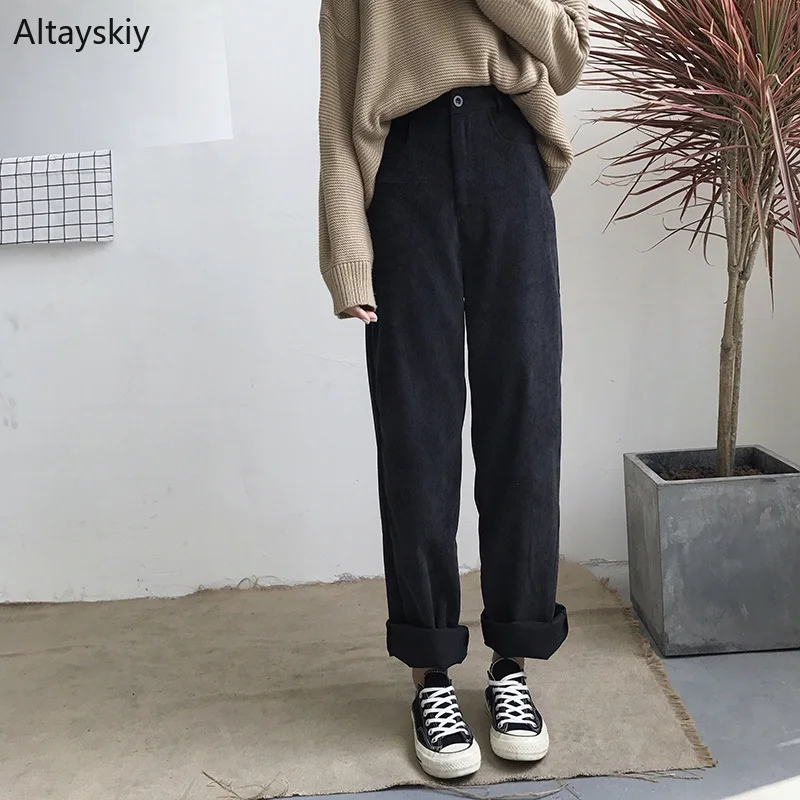 

Pants Women Loose Solid Corduroy 2020 Trousers Korean Style Leisure All-match Simple Trendy High Waist Pockets Solid Womens New