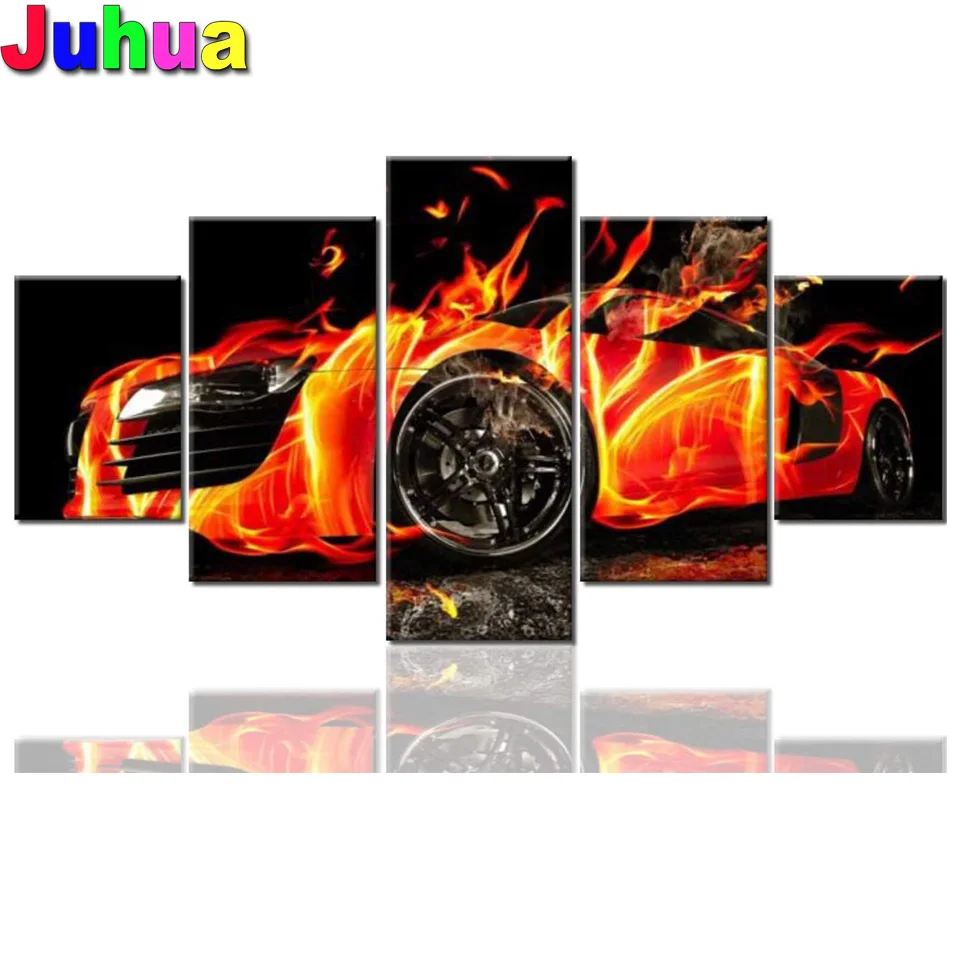 

5 панельных алмазных картин, полная выкладка, мозаика-пазл, черный автомобиль, огонь, 5d, сделай сам, алмазная вышивка, распродажа, настенные к...