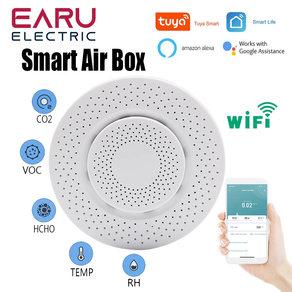 Sensor inteligente de calidad del aire con WiFi, caja de aire con formaldehído, VOC, CO2, sensores de temperatura y humedad, Monitor a través de Alexa, Smart Life, nuevo