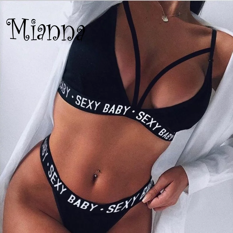 

New Women's Sexy Sports Underwear Set Girl Sexy Bandage Corset Letter Push Up Bra+Thongs Panties Lingerie Summer Style