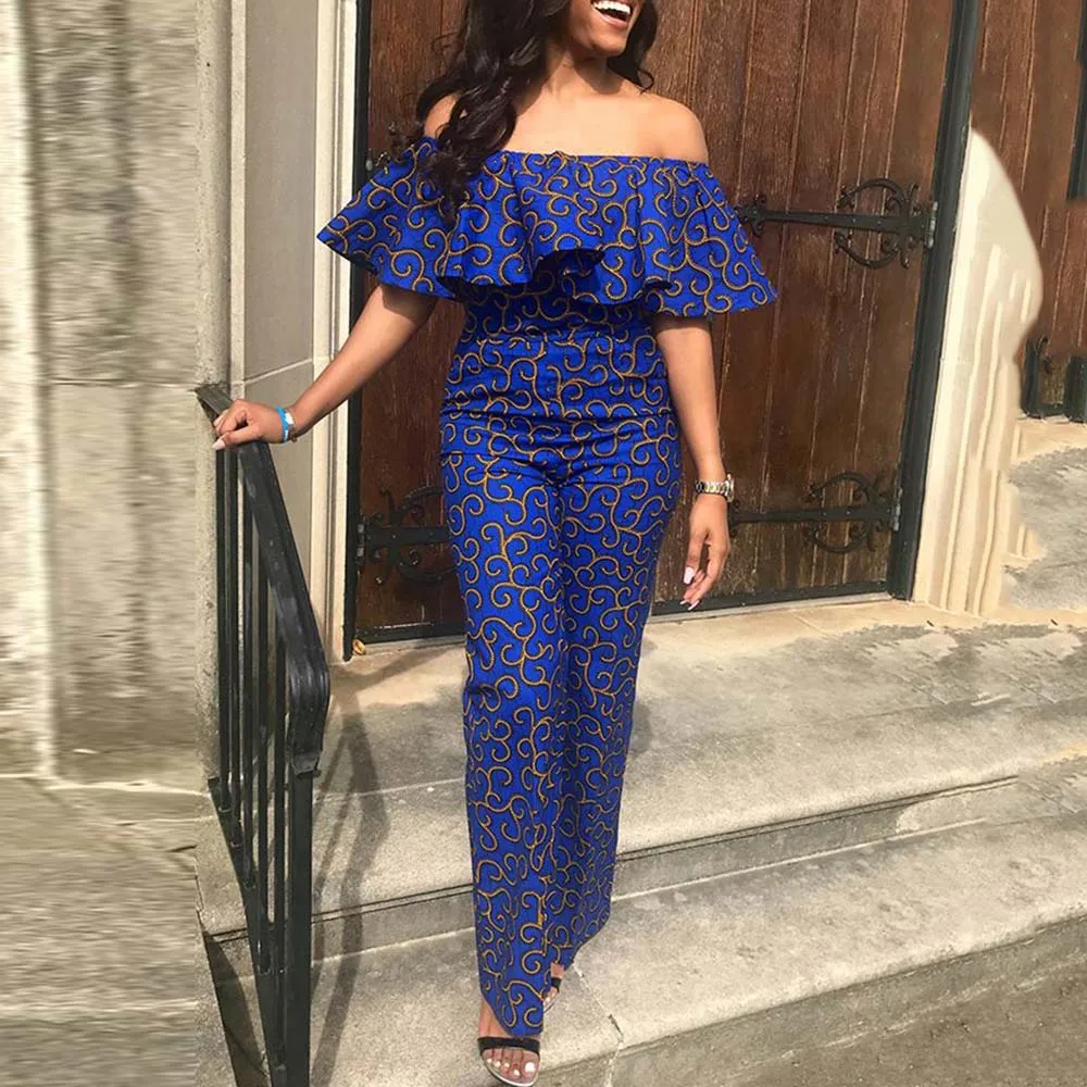 Женский комбинезон с голубым принтом и открытыми плечами элегантные вечерние