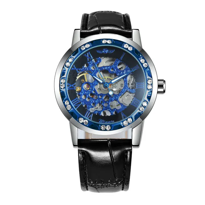 SILVER BLUE BLACK Победитель, официальный стиль, механические Женские часы, Лидирующий бренд, роскошные, бриллиантовое украшение, скелет, циферблат, элегантные женские наручные часы - Цвет: SILVER BLUE BLACK