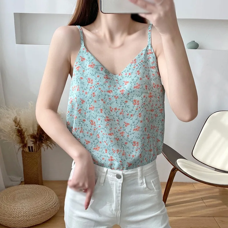 

Jlong Floral Print Chiffon Camisole Korean Sexy V Neck Tank Top Women Casual Camis Tops