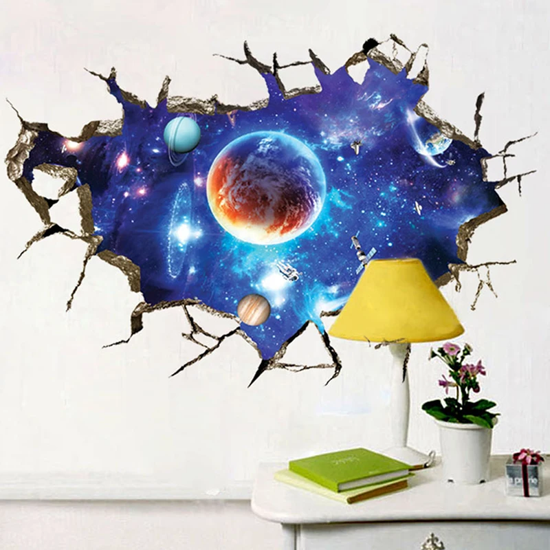 

3D Broken Wall Space Planet Wall Stickers Bedroom Living Decoration Stickers
