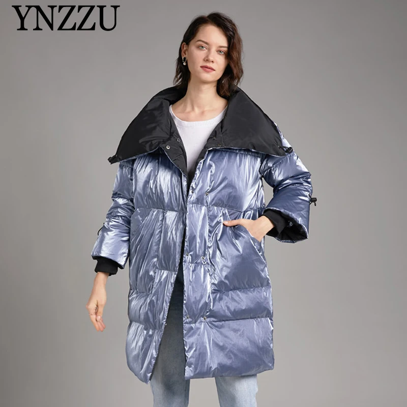

Women Bright Down jacket 2019 Winter Large size Long sleeve Fashion Long Outwear Turn down collar Warm Female Coat YNZZU 9O115