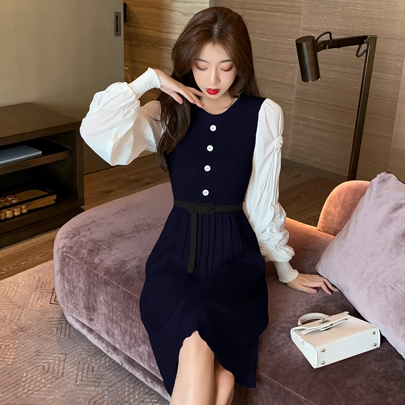 COIGARSAM лоскутное женское цельнокроеное платье корейские новые вязаные платья с