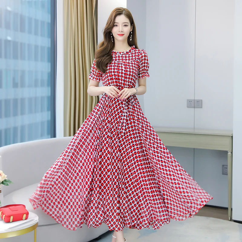 

Dots Printed Chiffon Dresses New Temperament High Waist Slim Large Size Summer Beach Dress Women Clohtes Yellow Red