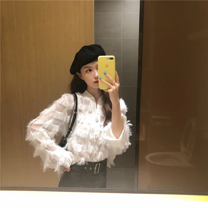 

2020 Autumn New Arrival Temperament Tassel Loose Shirt V-neck Single-breasted Long-sleeved Shirt Women Shirt Free Shipping
