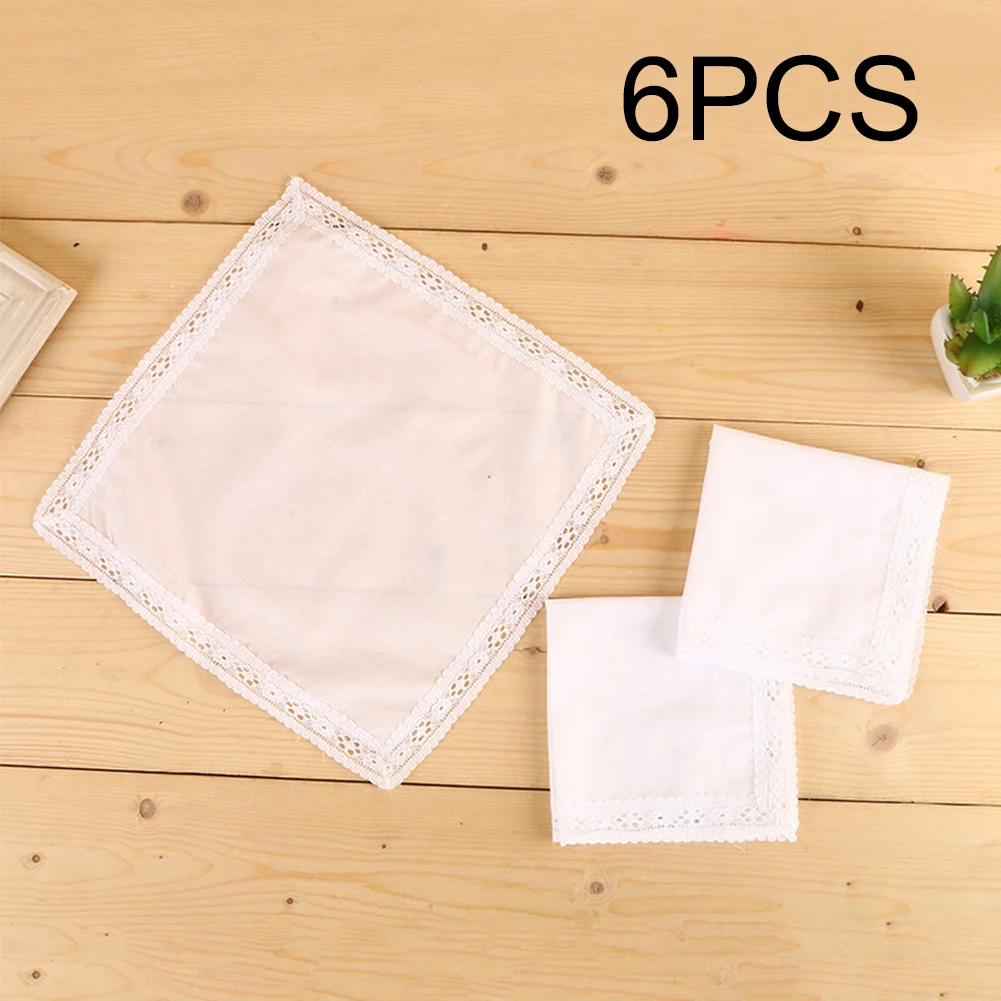 

6pcs Indoor Outdoor White Hankies Gift Cotton Blend DIY Soft 25x25cm Face Skin Cleaning Portable Women Handkerchief Petal Border