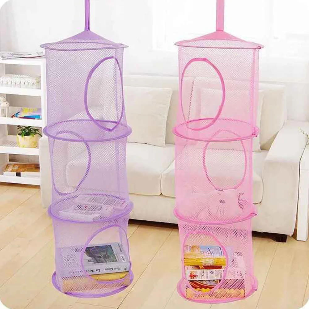 

Candy Color Net Hanging Multi-layer Storage Cage Cylindrical Storage Bag Hanging Basket Organizador Durable Home Baskets