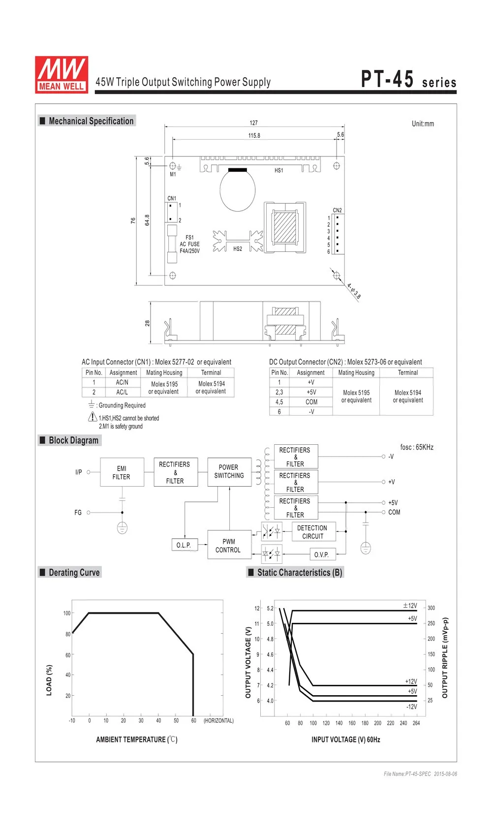 MEAN WELL PT-45C 43,5 Вт тройной выход импульсный источник питания 110 В/220 В переменного тока до 5 В 15 в-15 В постоянного тока 3A 1.6A 0.3A PCB тип открытая рамка smps