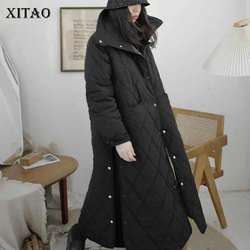 

XITAO Black Parkas Fashion New Women Single Breast Full Sleeve Goddess Fan Casual Style Irregular Split Loose Parkas LL1032