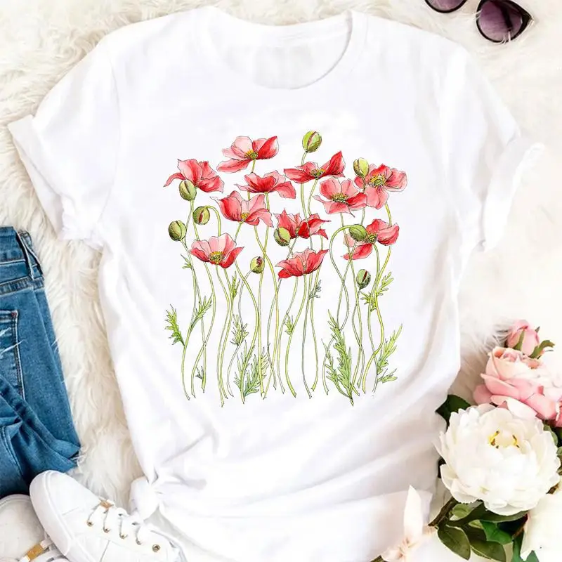

Women Summer 2022 Flower Watercolor Fashion Beach Clothing Cartoon Female Tshirts Clothes Graphic T Top Lady Print Tee T-shirt