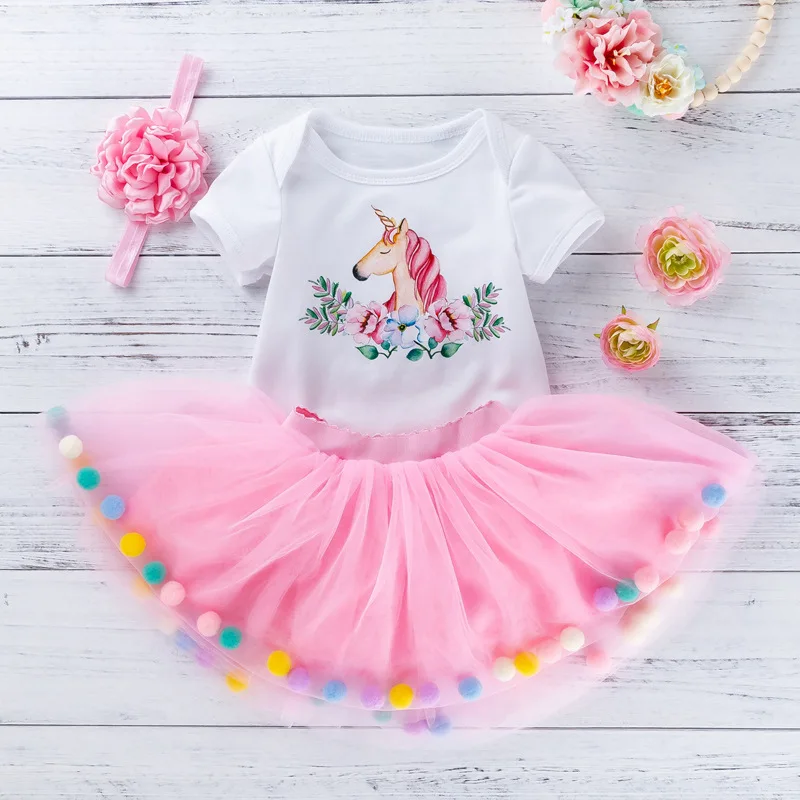 

Ins Hot Baby Girls Romper Skirts Suit Unicorn Flower Pattern Romper Princess Baby Pink Ball Pompom Lace Skirt Headband 3pc Set