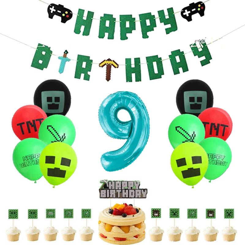 

Pixeled Game Balloon TNT Game Banne With 32inch Number Balloon Birthday Children's Baby Shower Party Supplies Globos