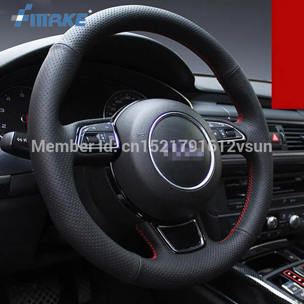 

For Audi A7 Hand-stitched Anti-Slip Black Leather Red Thread DIY Steering Wheel Cover