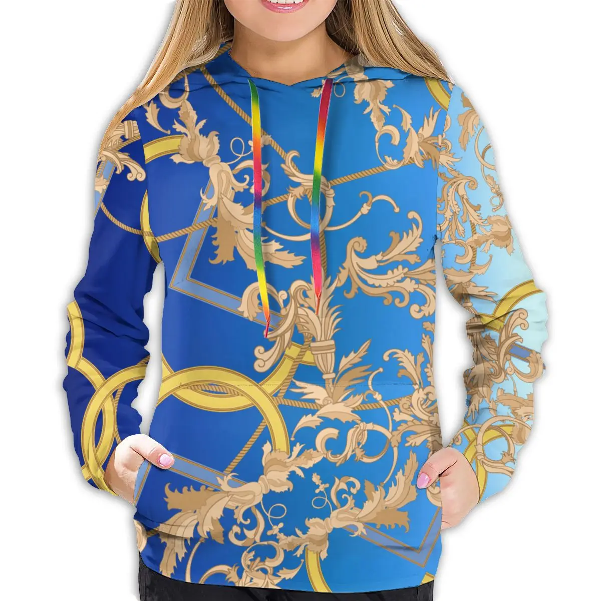 

NOISYDESIGNS Sweatshirt Women Sweatshirt Long Sleeves Euporean Golden Floral Pullovers Tops O-neck Women's Hooded Gradient Color